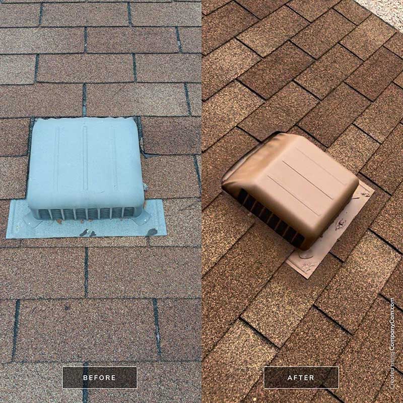 Roof Maxx of Ventura showing before and after results on an asphalt shingle roof